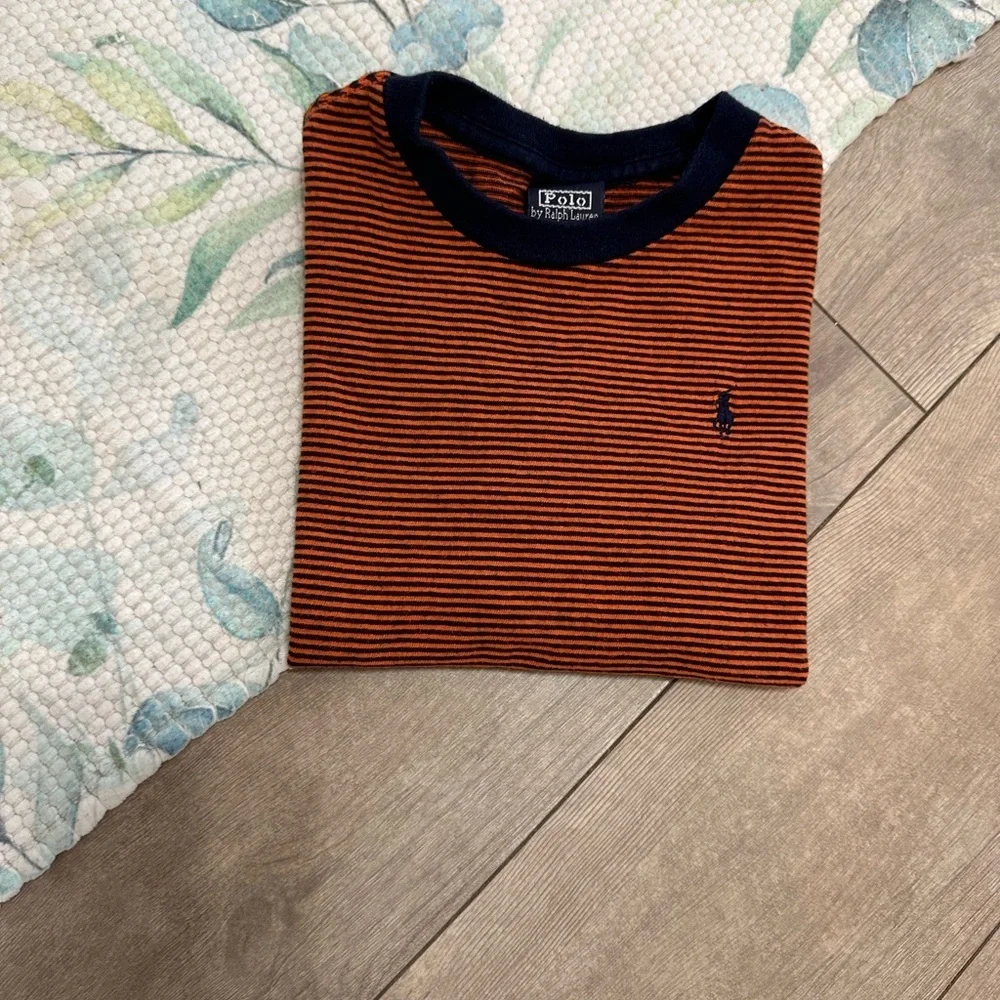 Rare Vintage Polo Ralph Lauren Little Boys Orange and Navy Striped Tee Size 5